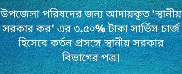 উপজেলা পরিষদের জন্য আদায়কৃত 'স্থানীয় সরকার কর' এর ৩.৫০% টাকা সার্ভিস চার্জ হিসেবে কর্তন প্রসঙ্গে স্থানীয় সরকার বিভাগের পত্র।